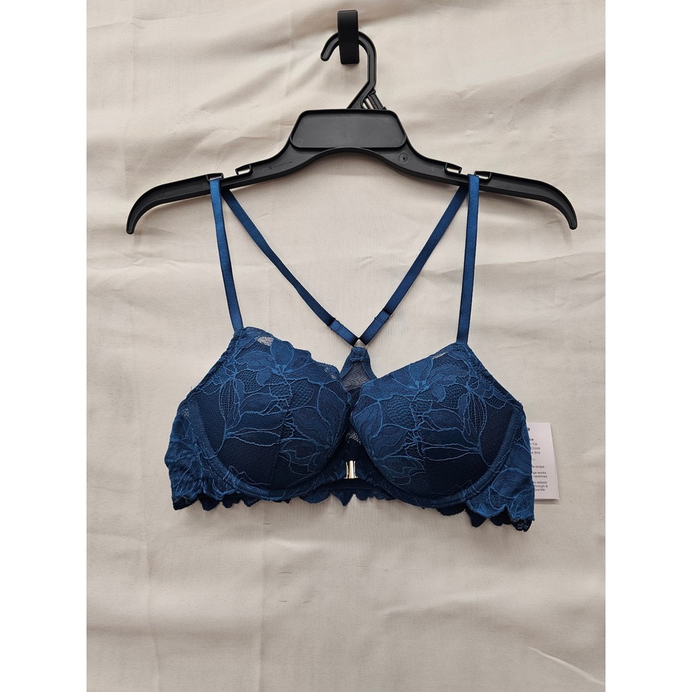Auden Womens Lace Front Close Push Up Plunge Bra Blue Nylon Blend Size 36A